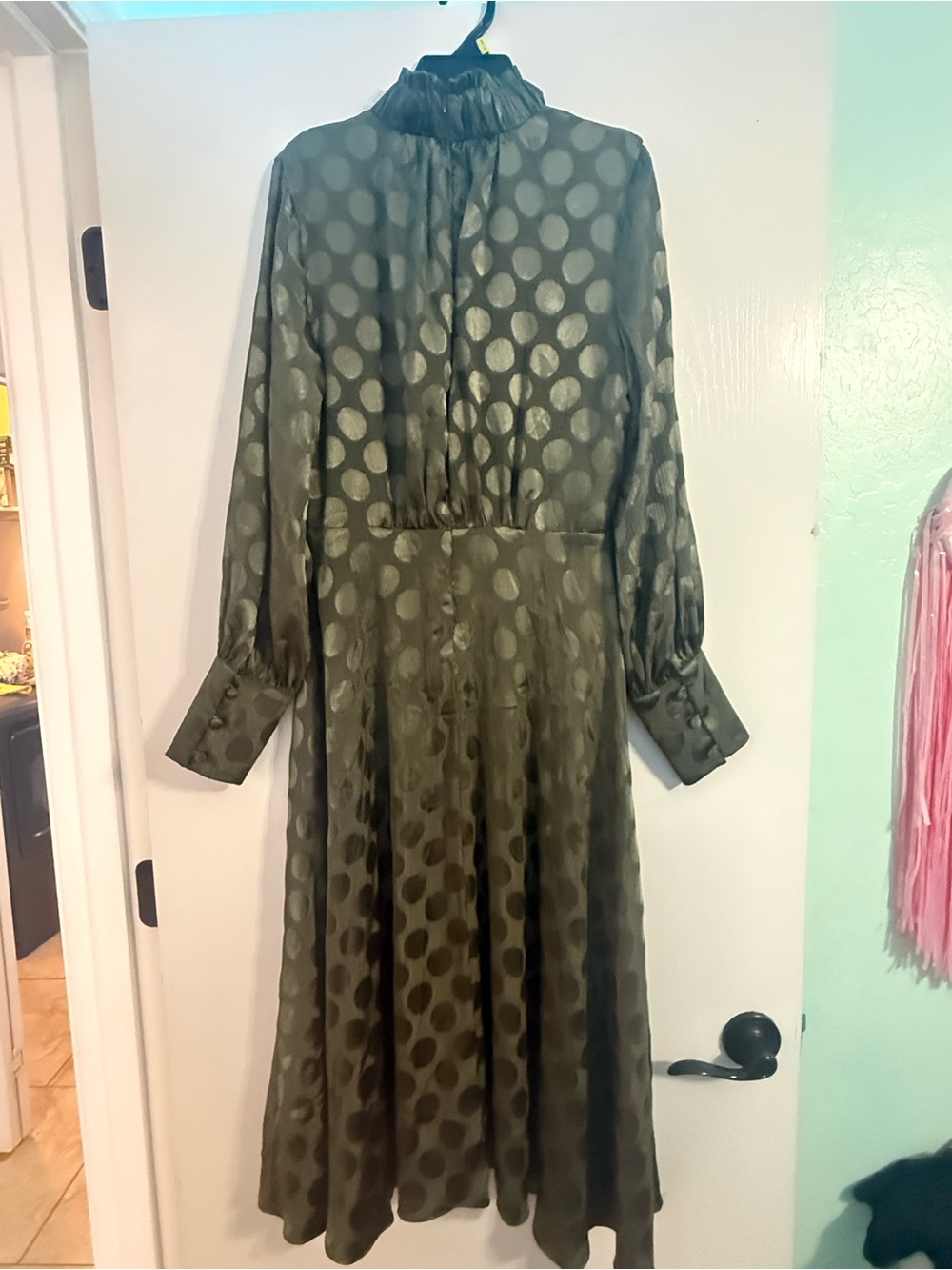 Calvin Klein Olive Green Long Sleeve Polka Dot Midi Dress